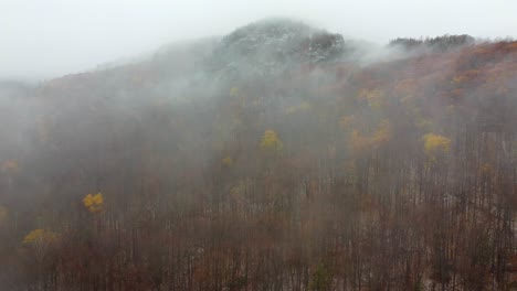 drone rises above misty clouds to reveal dense leafless forest tree stand in mount washington new hampshire