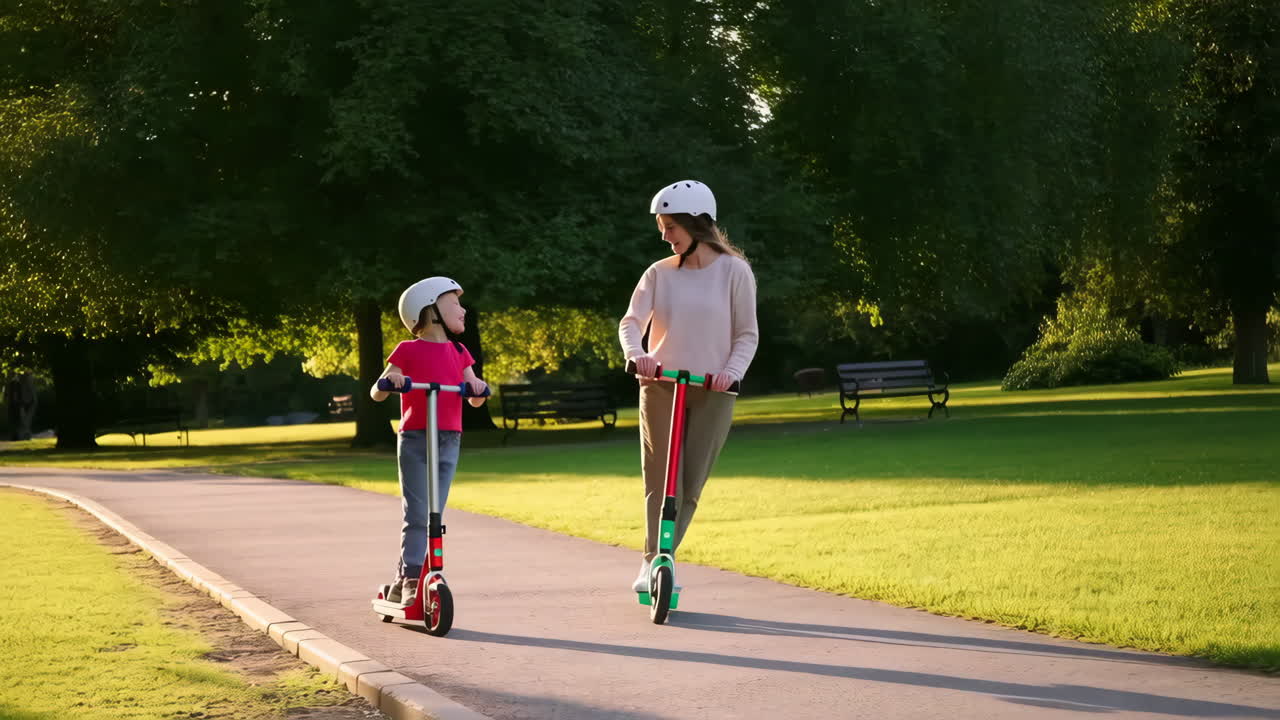 Mother and child enjoy a scooter ride in a sunny park