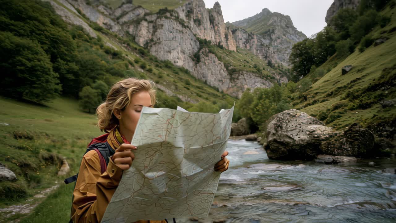 Outdoor-Reiseszene einer Rucksacktouristin, die eine gefaltete Papierkarte neben einem fließenden Gebirgsfluss hält, umgeben von grünen Hügeln und felsigen Klippen im Sommer.