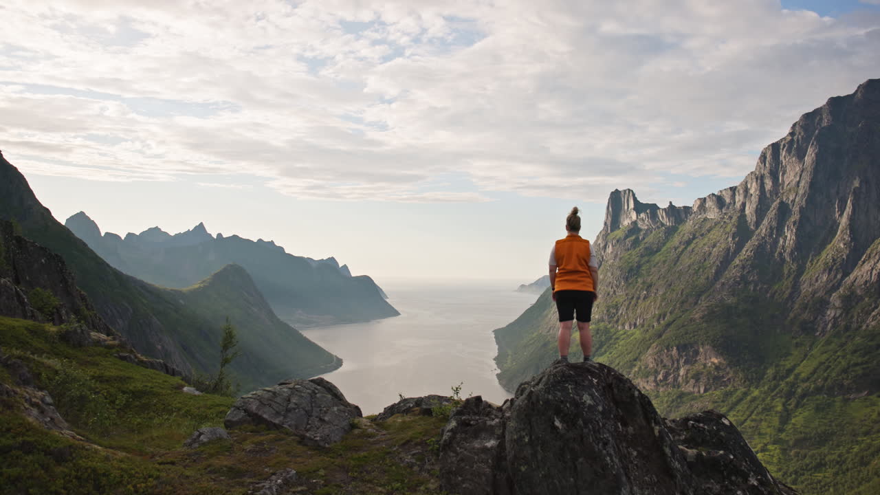 Back of female hiker on rock in front of arctic Norway fjord jagged mountains