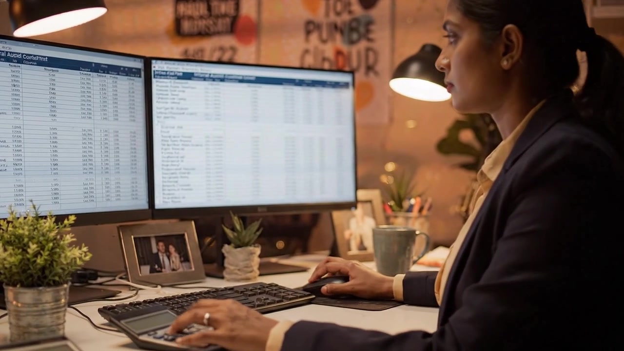 Professional Woman Analyzing Data on Dual Monitors in a Modern Workspace, Focusing on Financial Reports and Structured Charts for Productivity