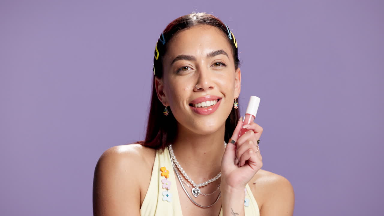 Beautiful Woman with Lip Gloss and Stylish Accessories