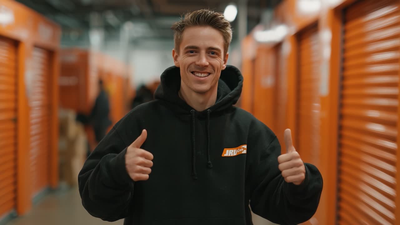 A confident individual showcases a positive gesture of approval with both thumbs up in a vibrant storage facility, radiating enthusiasm and satisfaction