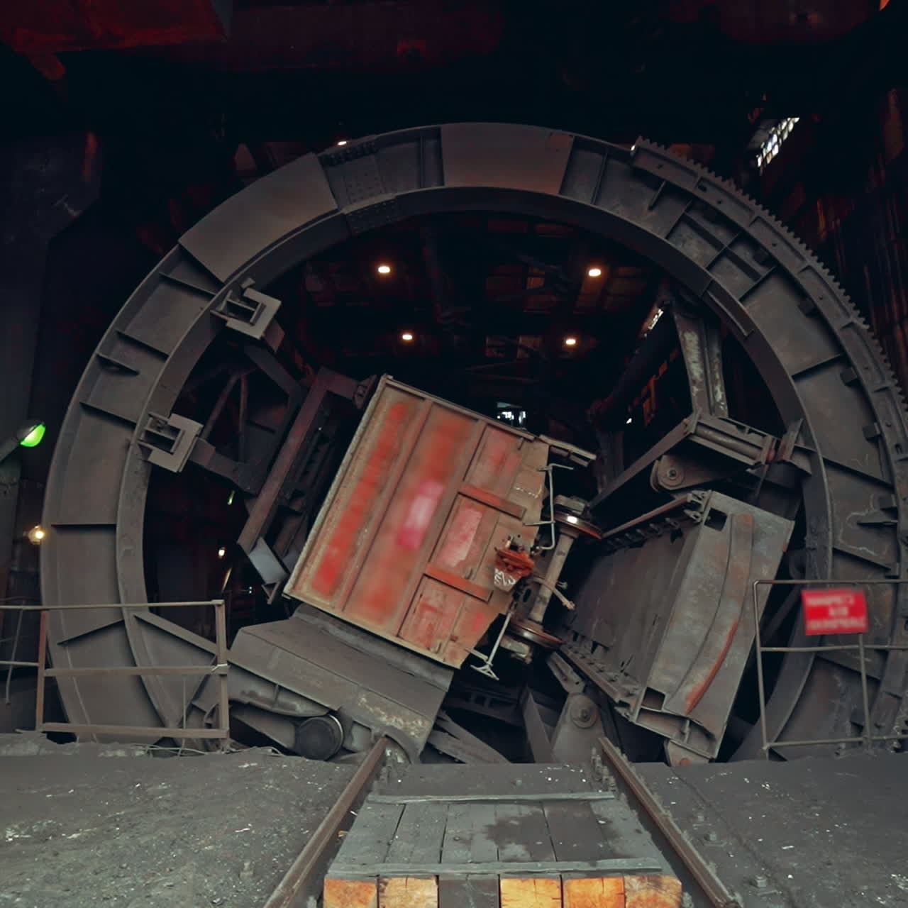 Wagon tipper is spinning with a wagon of coal inside it and pouring out fossil in th building of plant. Camera motion to forward. Close-up.