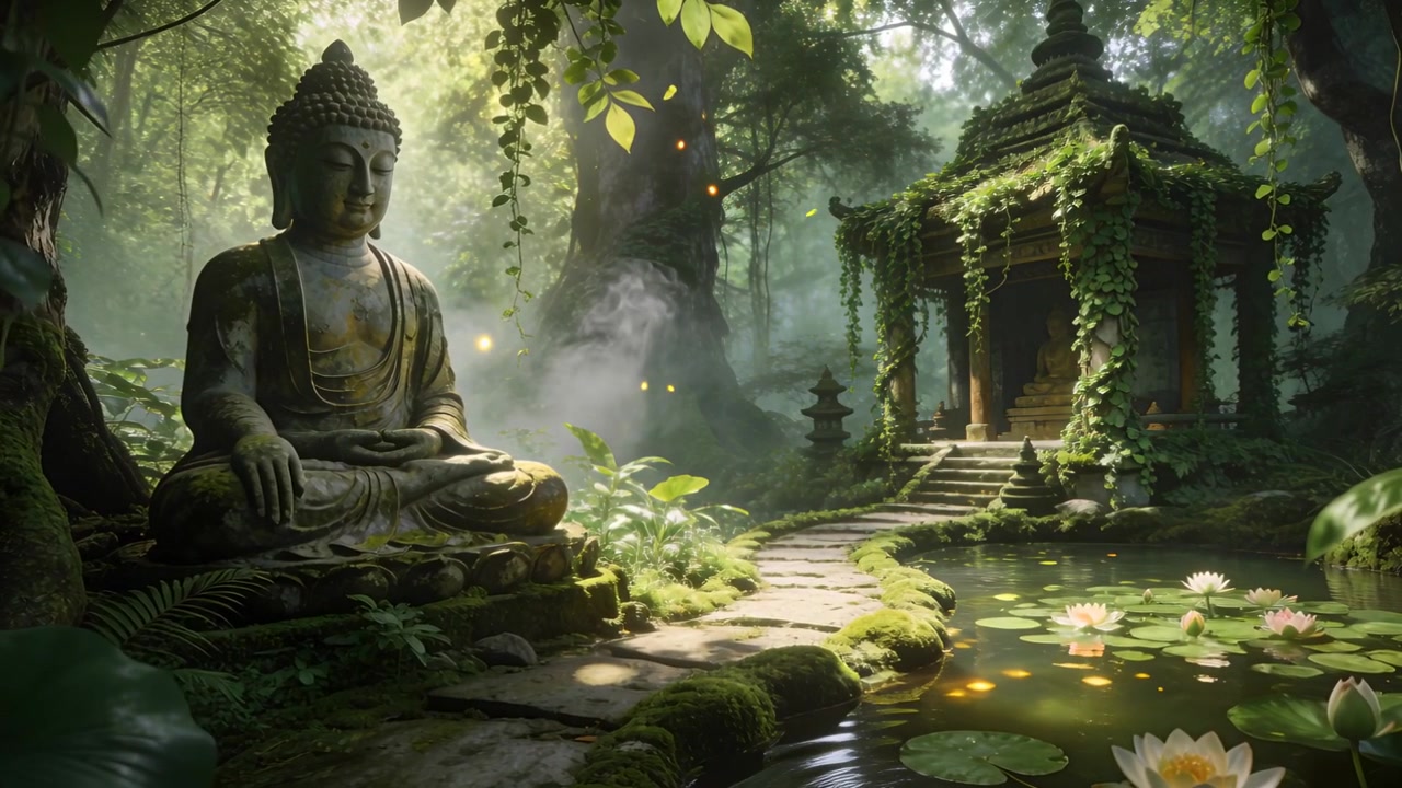 Telecamera panoramica rivela un grande Buddha a sinistra, un padiglione muschioso a destra in un santuario nella foresta, con nebbia che sale.