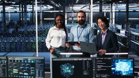 portrait of smiling engineers in server room using ai