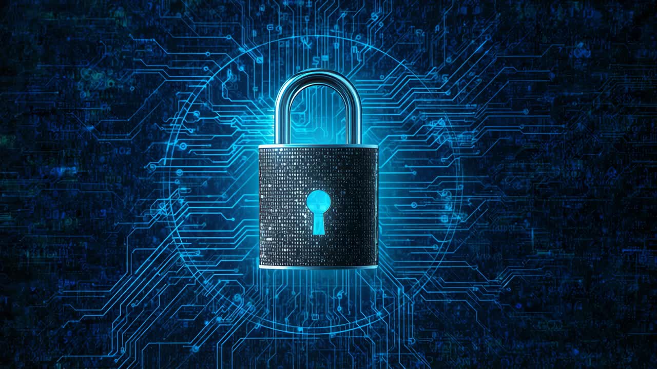 Pulsing padlock activating on frame start showing blue glow at keyhole halo across circuit traces