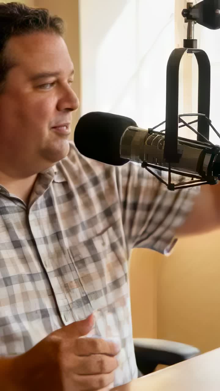 Vertical video: Recording starting man in plaid shirt speaking, gesturing into mic on boom at desk