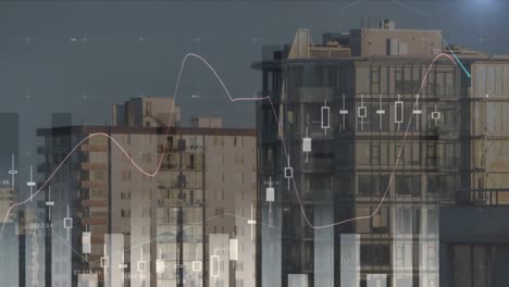 animation of statistical data processing against aerial view of tall buildings
