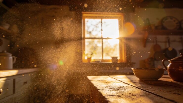 Streaming sunlight from 4-pane window lighting drifting dust over wood table in kitchen with teapot