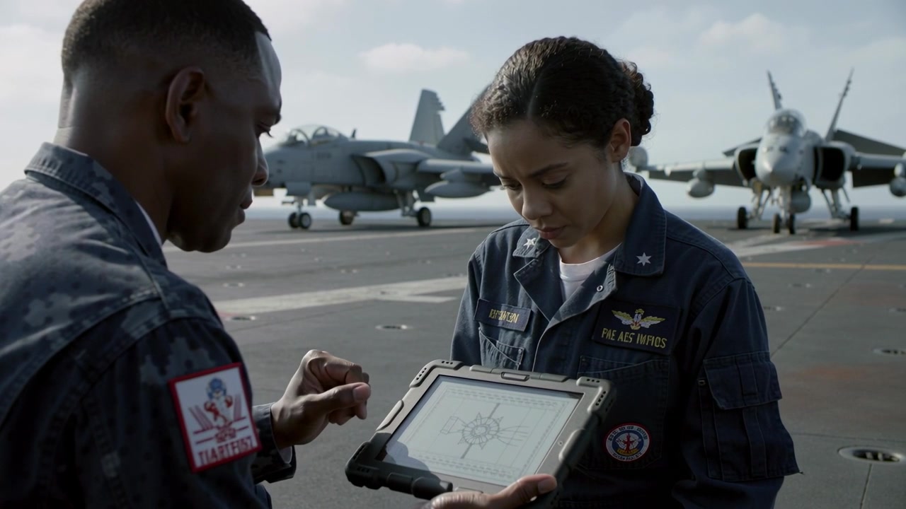 Due membri dell'equipaggio navale in uniforme che indicano un tablet, esaminano un briefing e studiano lo schermo sul ponte di volo