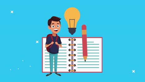 animación de regreso a la escuela con un escolar y un cuaderno
