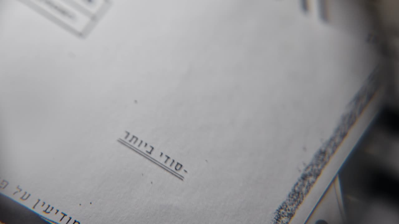 Hebrew label marked Top Secret on classified looking report or government official document by spy agency or Mossad. Military old retro archive by manila folder envelope. Exposed sensitive info stamp
