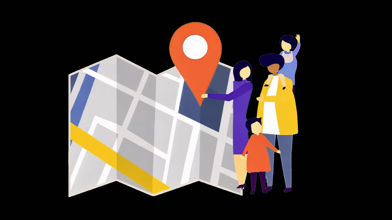 Family exploring map location animation isolated asset, transparent 4K video, alpha channel, ProRes