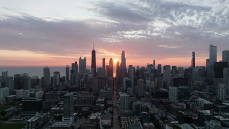 Aerial-view-of-the-Chicagohenge-equinox-in-middle-of-skyscrapers-in-Chicago,-USA