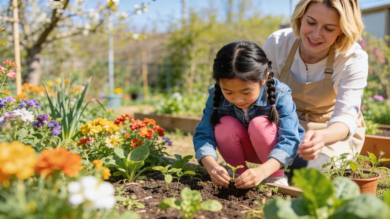 Niño alcanzando con una plántula, mujer guiando, plantando en tierra de bancal elevado para jardinería.