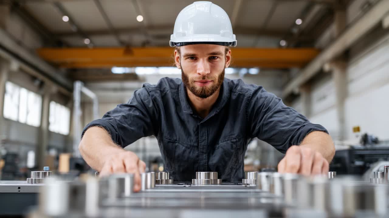 Focused Factory Worker Engaged in Precision Manufacturing Process, Wearing Hard Hat and Examining Machinery Components in a Modern Industrial Setting