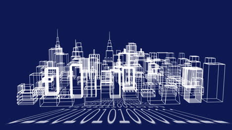 animation of binary coding and abstract city grid buildings over blue background