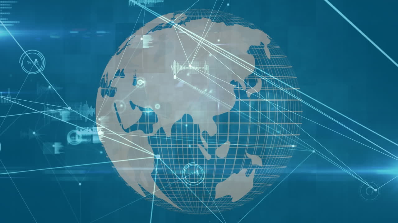 파란색 배경에 회전하는 지구에 대한 연결 네트워크와 데이터 처리