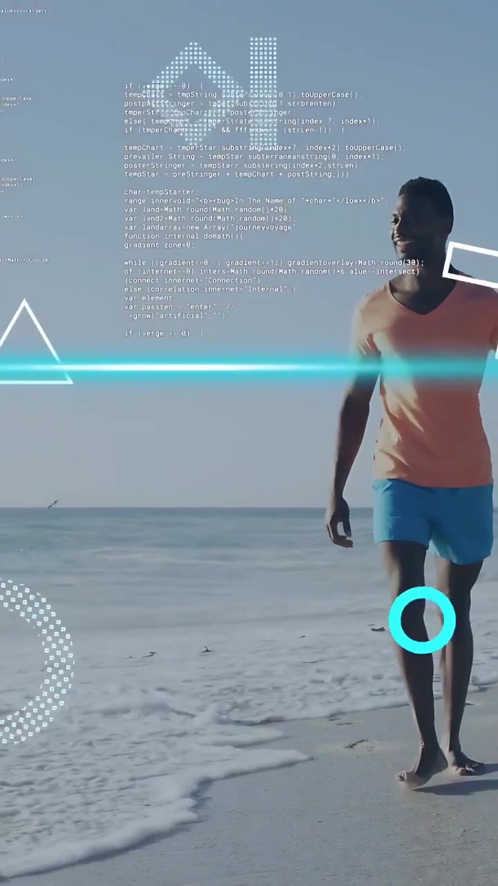 Vertical video: Man walking leisurely, entering right and initiating AR tech HUD with cyan lines
