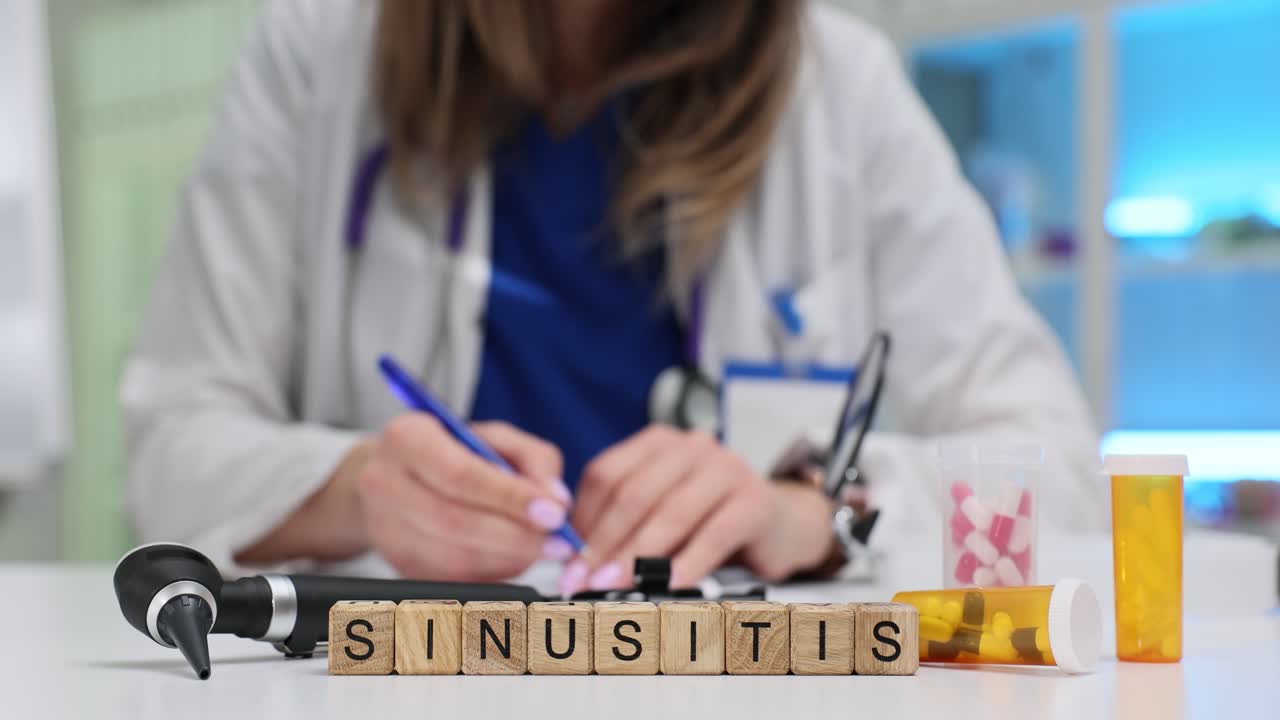Cubos de madeira soletram sinusite com otoscópio e frasco em frente a um médico