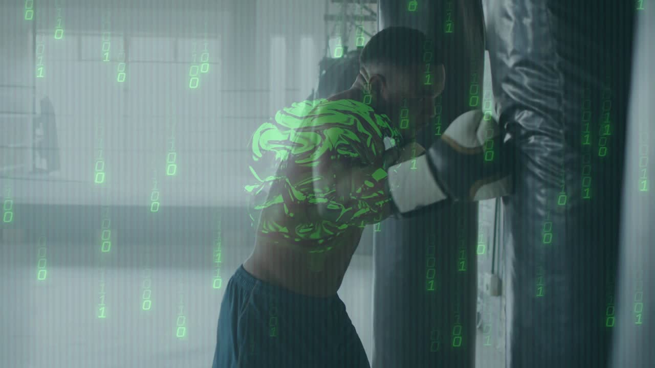 Boxer starting punches on bag in boxing practicing combos while green code overlay aligning strikes