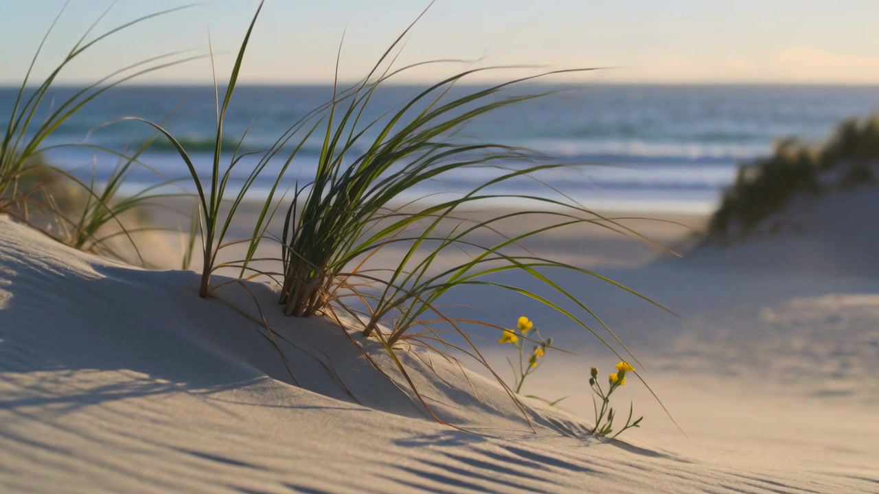 Swaying clump of dune grass and yellow wildflower responding to light onshore breeze on sand dune
