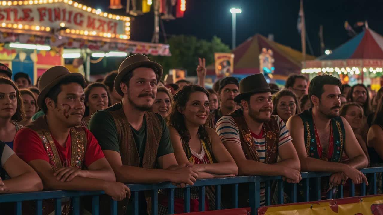 Enthralling Night at the Fair: A Captivating Crowd of Festive Attendees Enjoys the Entertainment Amidst Colorful Lights and Attractions