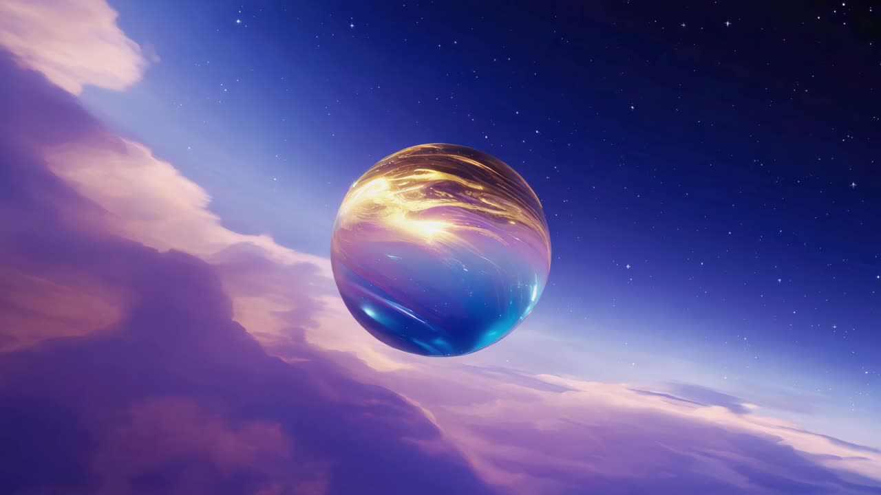 A vibrant cosmic sphere above purple clouds in a starlit sky