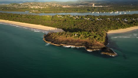 Right-to-left-aerial-view-of-Fingal-Head,-Northern-New-South-Wales,-Australia