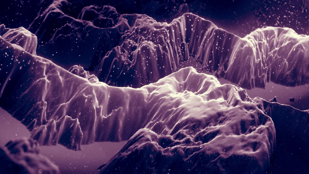 Abstract waves of soft black matte material with light inner glow and glitters on morphing surface. Abstract geometric surface like landscape or terrain, extrude or displace 3d noise. Loop 4k