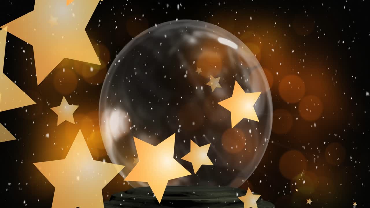 눈이 떨어지는 애니메이션과 눈 구름 위의 별과 검은 바탕의 빛 반점이 있습니다.