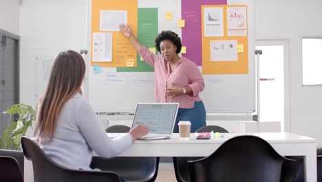 African-american-casual-businesswoman-making-presentation-using-whiteboard-in-office,-slow-motion