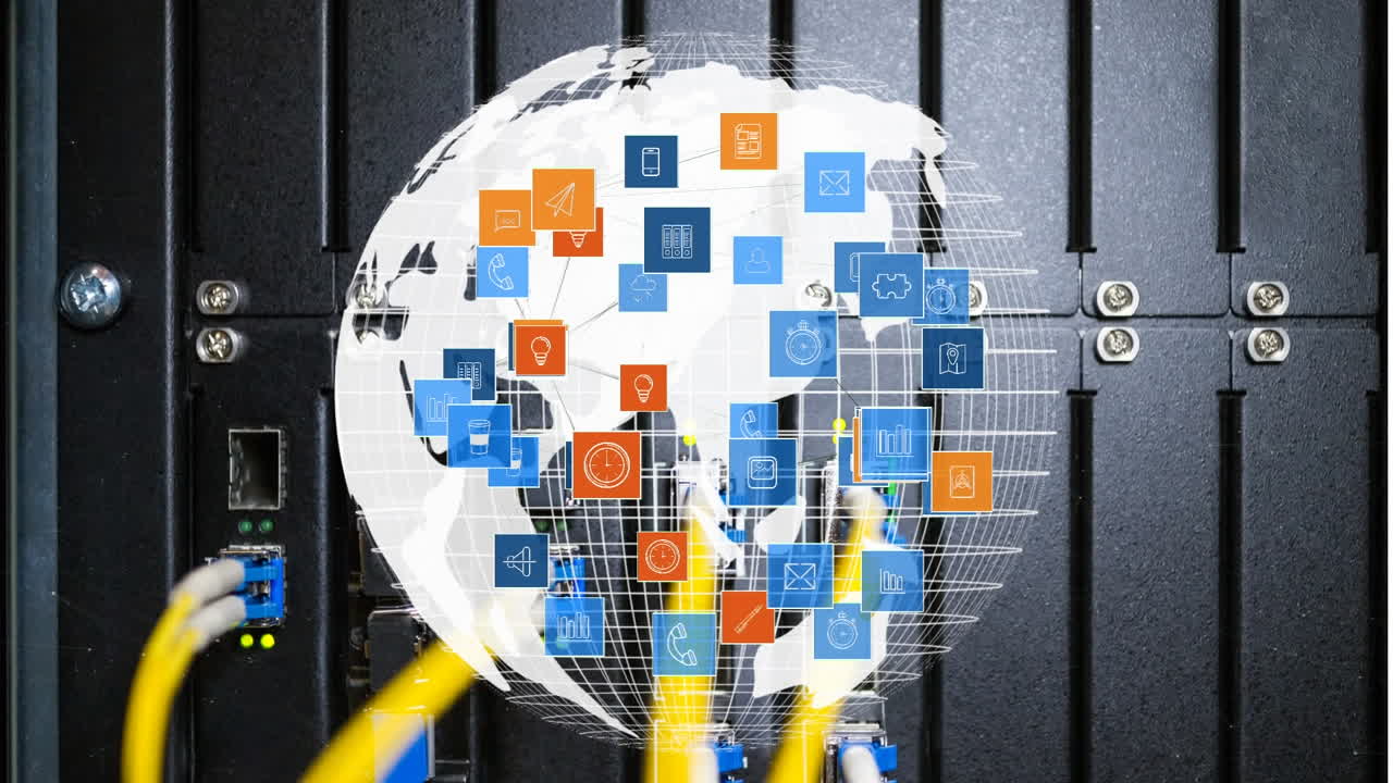 Digital earth surrounded by icons rotating on a server tower