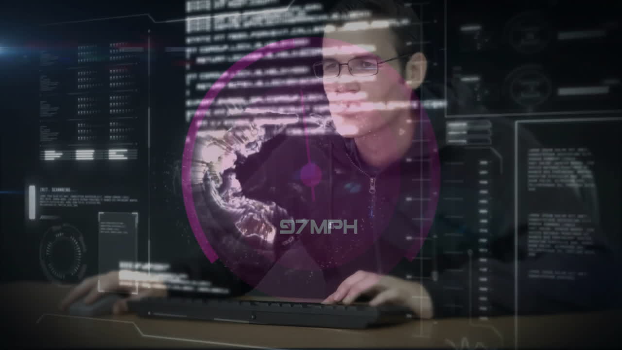 Person working on computer with digital data and speedometer animation overlay