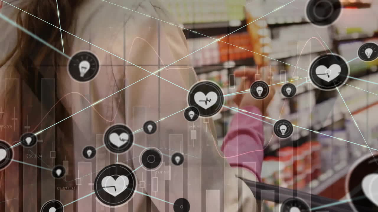 카우카스 여성이 바구니와 함께 쇼핑하는 아이콘과 연결된 네트워크의 애니메이션