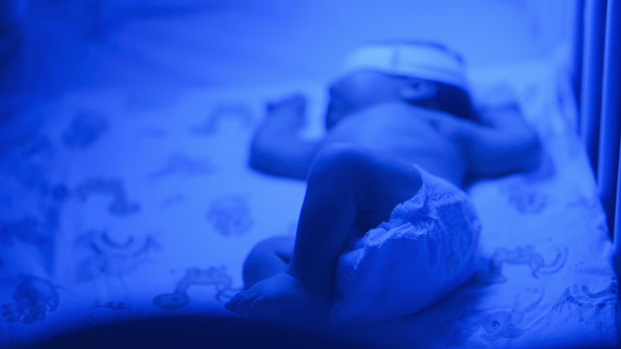 Primo piano di un neonato che si muove su un materasso da culla, indossa un pannolino con una rilassante illuminazione blu