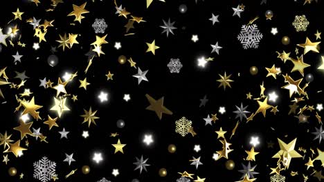 Animation-of-stars-falling-over-christmas-decorations-on-black-background