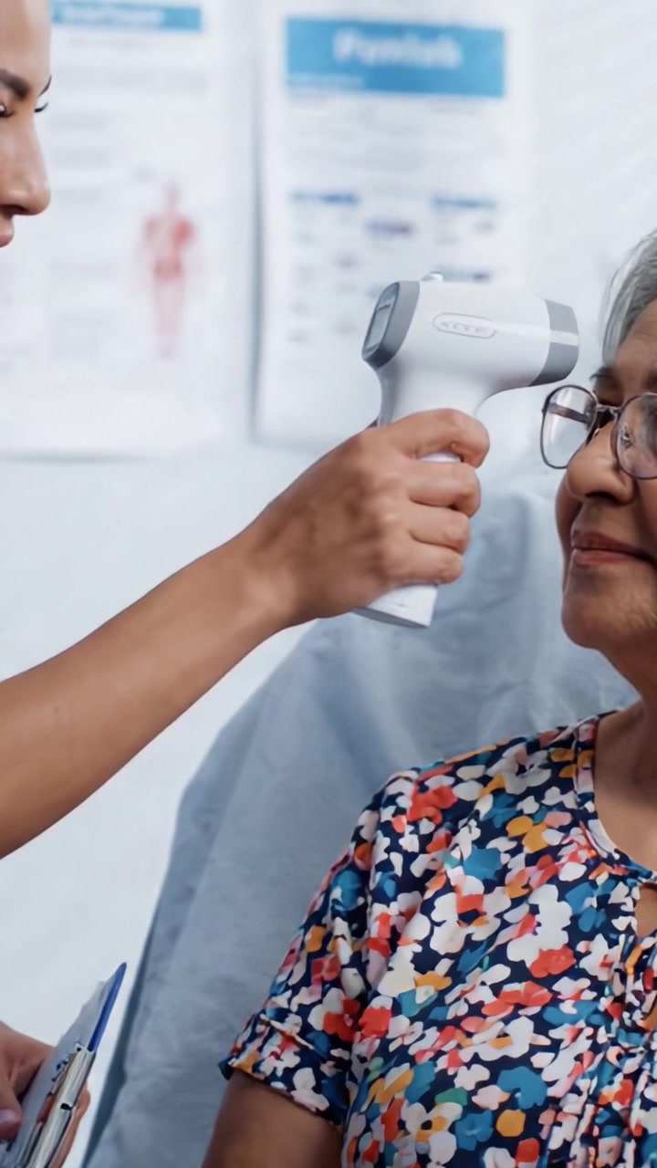 Un'interazione premurosa tra un professionista sanitario e un paziente anziano in un ambiente di studio medico, concentrandosi su comfort e comunicazione.
