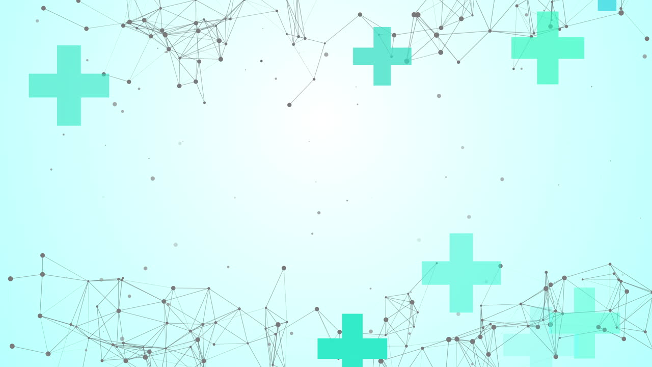 Vertical healthcare framework. Animation of medical crosses and connected lines with small flying particles. Empty blue copy space. Looped motion graphics.