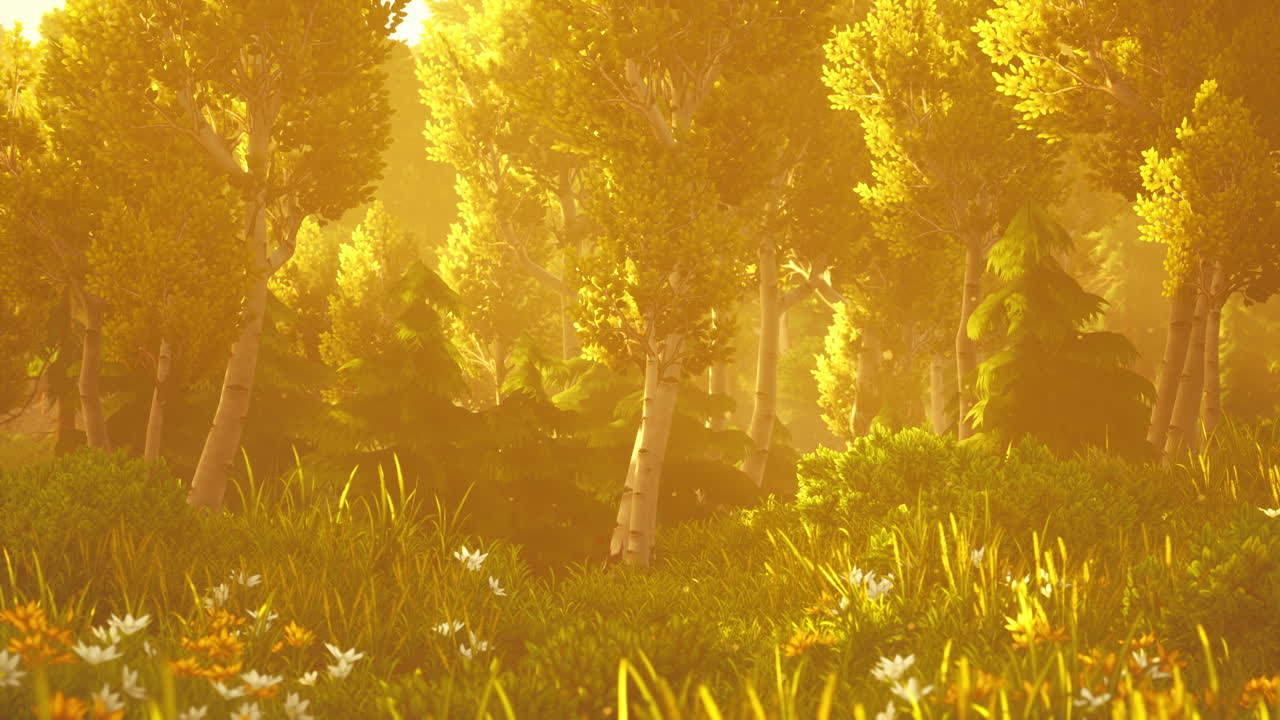 만화의  ⁇ 빛이 나무들을 가로질러 흐르고 있습니다.