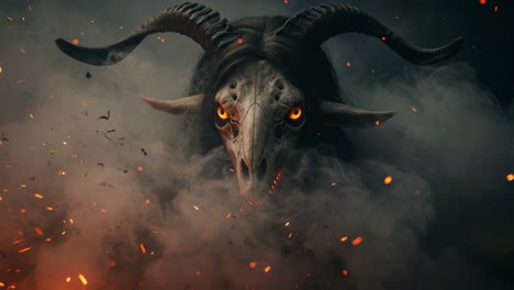 a sinister presence emerges from the shadows: the eerie figure of a horned creature with fiery eyes and a skull face surrounded by smoke and embers