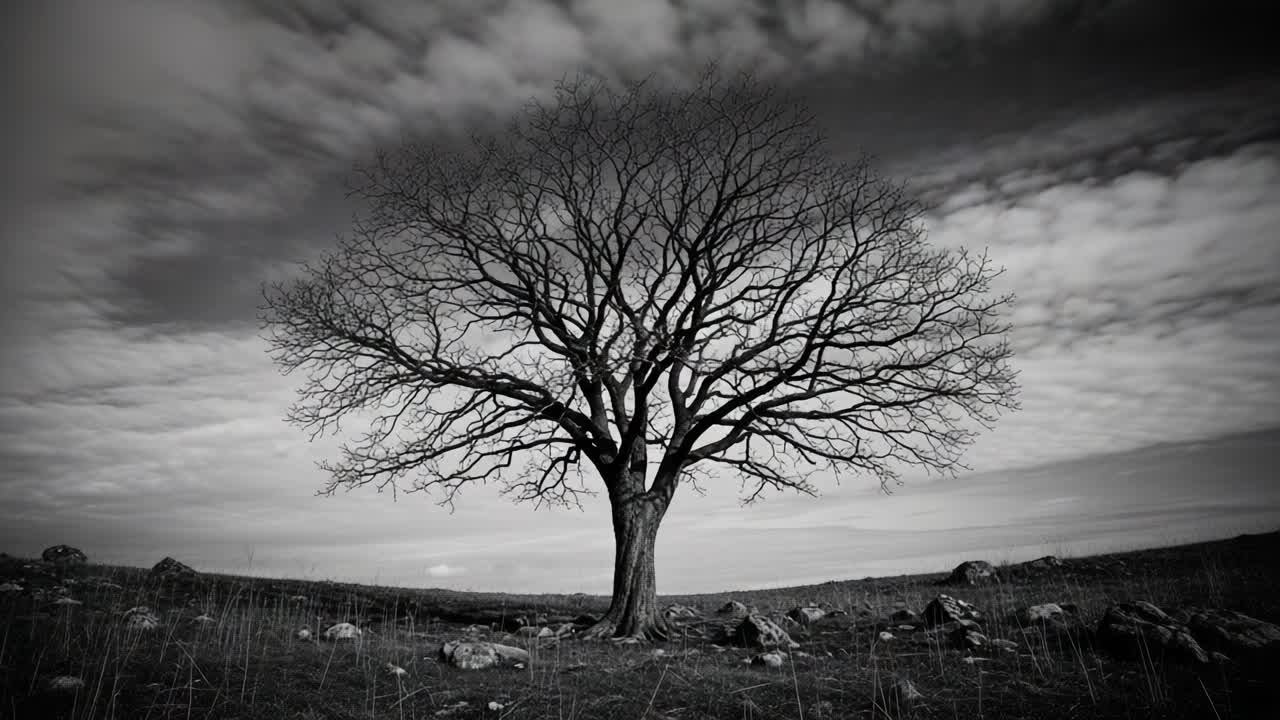 A Solitary Emblem of Resilience: The Stark Beauty of a Leafless Tree Against a Dramatic Sky in Black and White Capturing the Essence of Nature's Cycle