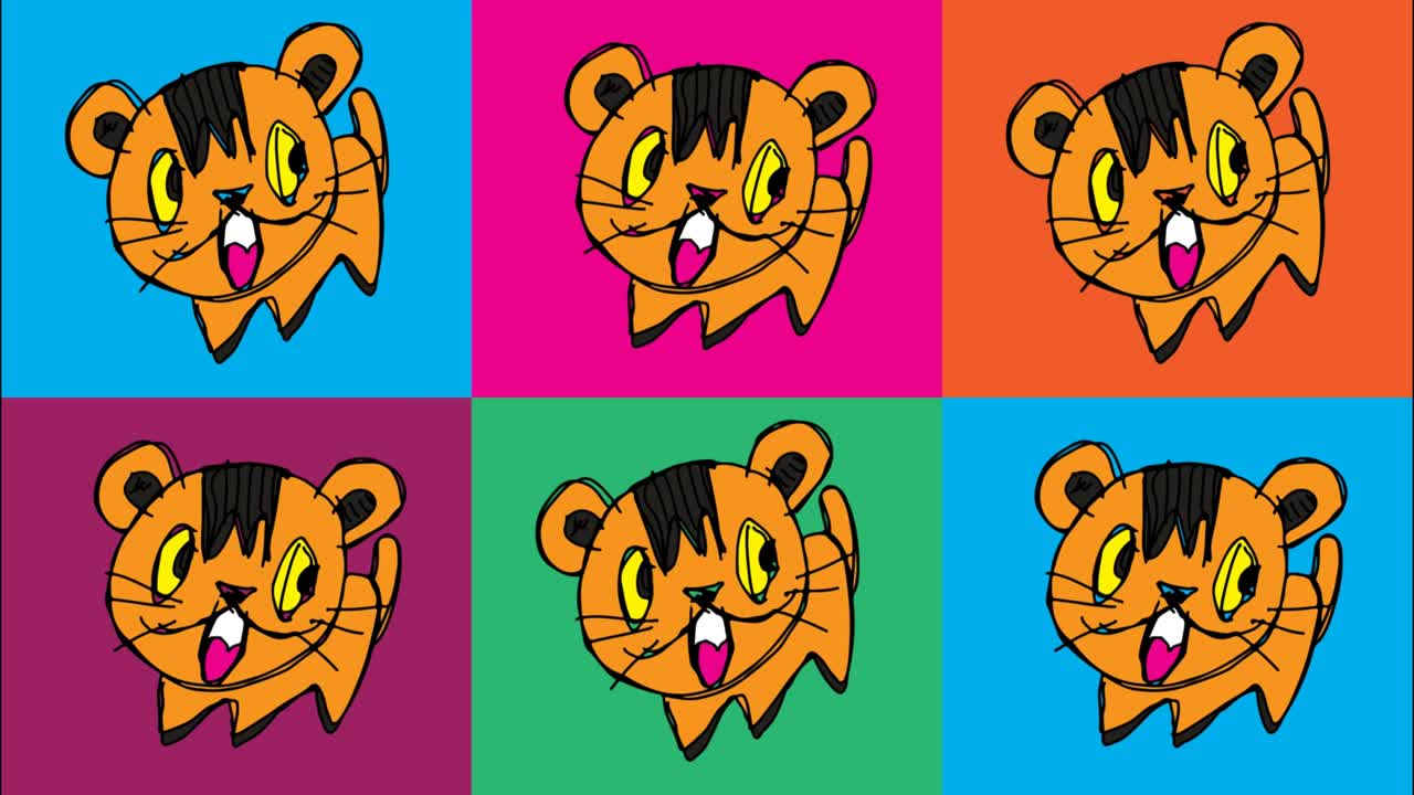 아이들이 팝 아트 그림을 그리고 있습니다. 고양이의 테마로 매이지 않는 배경입니다.