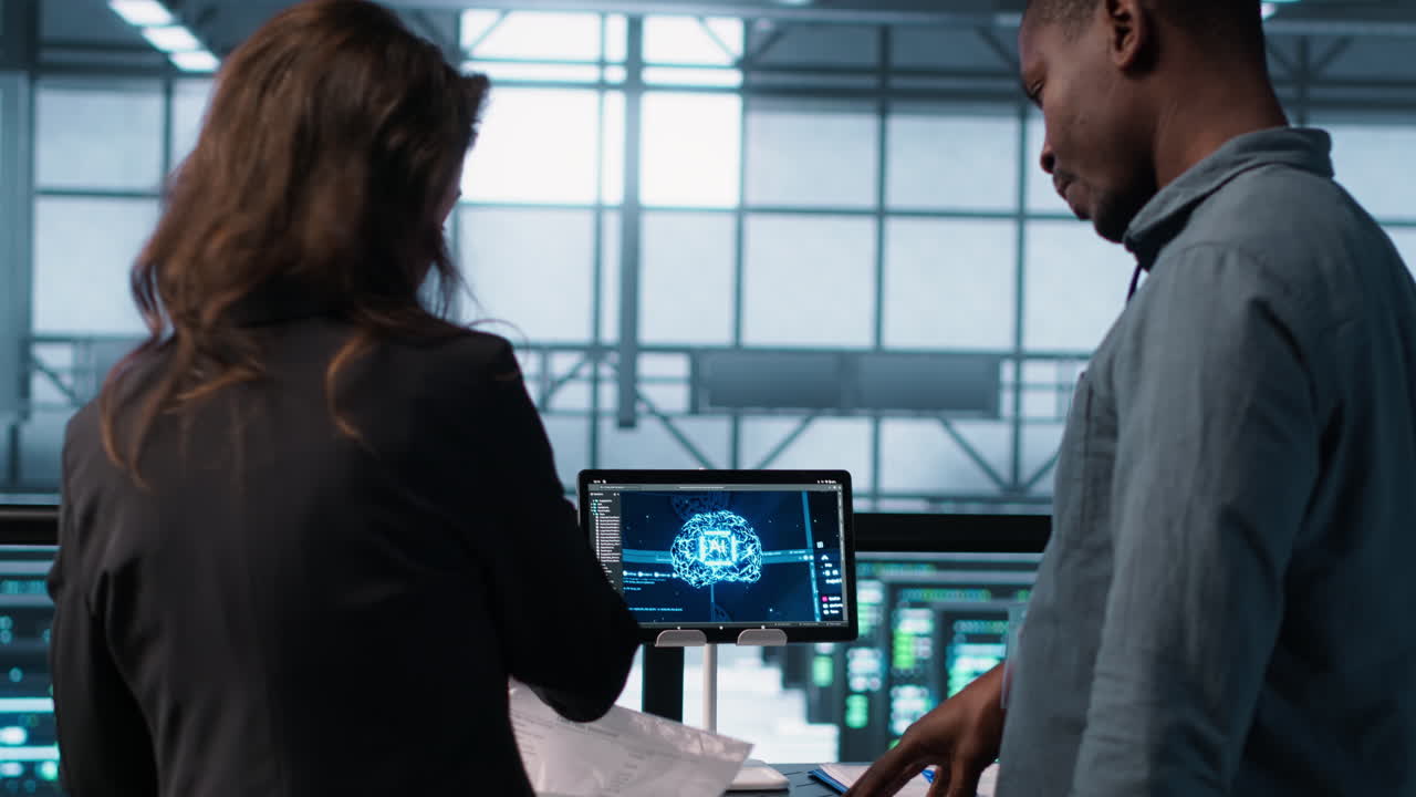 AI server room admins looking over financial documents, using tablet