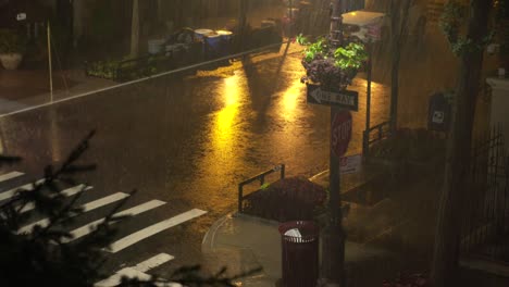 medium: downpour at night on beekman place, new york city.