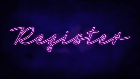 animation of neon register text banner against blue textured background