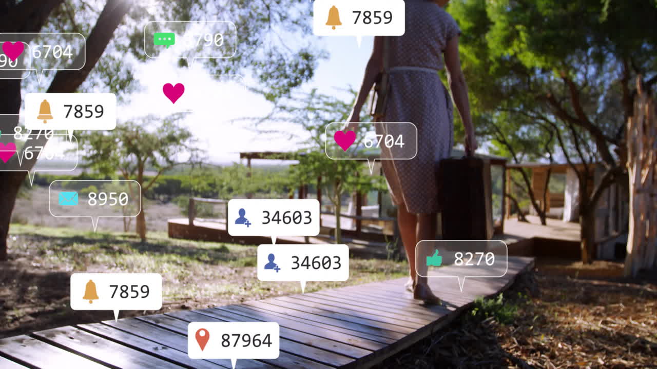 woman walking barefoot on wooden boardwalk toward cabin, with floating social media marketing icons