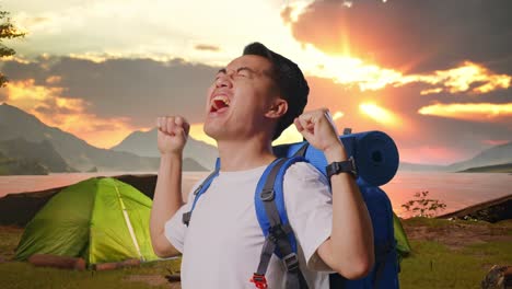 happy camper celebrating a successful hike