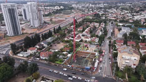 Panoramic-aerial-view-of-skyscrapers-in-construction-with-city-view,-Tel-Aviv,-Israel